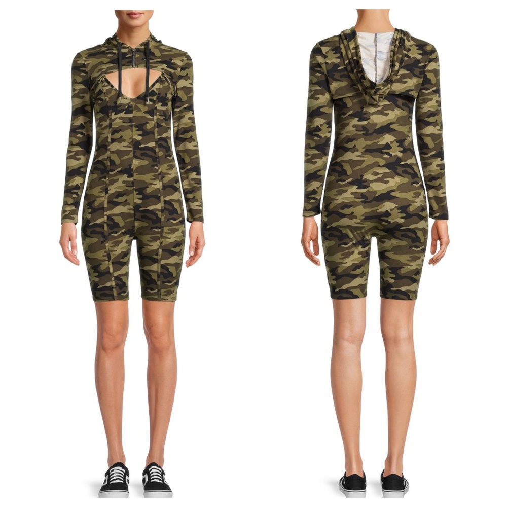 NWT No Boundaries’ Bike Short Romper + Hooded Crop Top, 2 Piece Set Camo XS